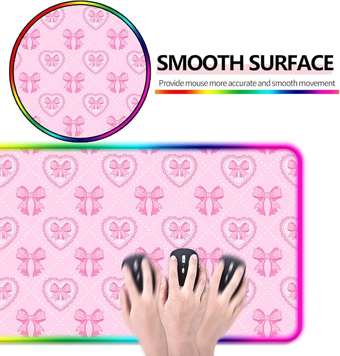 RGB Pretty Pink Love Bows Gaming Desk Mat Computer Keyboard Large Extended Long Girly LED Mouse Pad for Office and Home XL (W13)