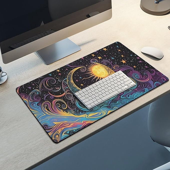 Abstract Moon and Sun Mouse Pad Large Desk Mat Extended Keyboard Mouse Pad with Non-Slip Base and Stitched Edge Mouse Mat Desk Pad 30x16 Mouse Pads for Desk Home Office Gaming
