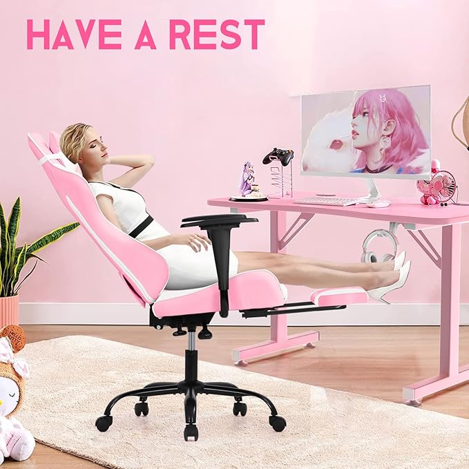 BLKMTY Gaming Chair Reclining Computer Chair with Footrest and Lumbar Support Height Adjustable Game Chairs with Swivel Seat and Headrest for Home Office or Gaming (Pink)