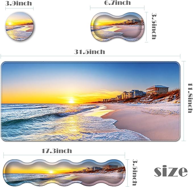 Ergonomic Keyboard Wrist Rest &amp Mouse Pad Wrist Rest SetXL Gaming Desk Mat 31.5x 11.8Non-Slip BaseMemory FoamEasy Typing Pain Relief for Office &amp HomeSunset with Beach Houses