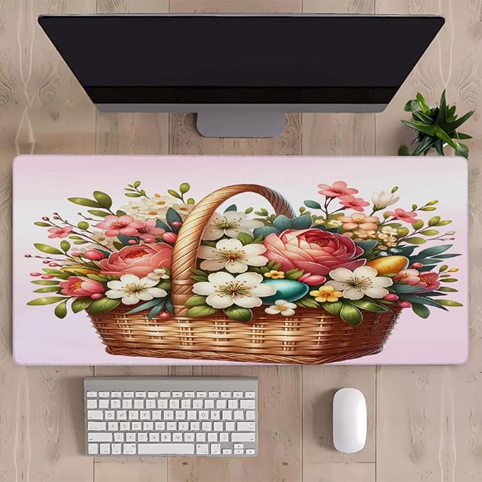Pink White Flower Floral Large Mouse Pad Gaming Mousepad Desk Mat for Desktop Computer Keyboard Waterproof Mouse Mat Desk Pad with Non-Slip Base for Game School Office Home 35.4 x 15.7