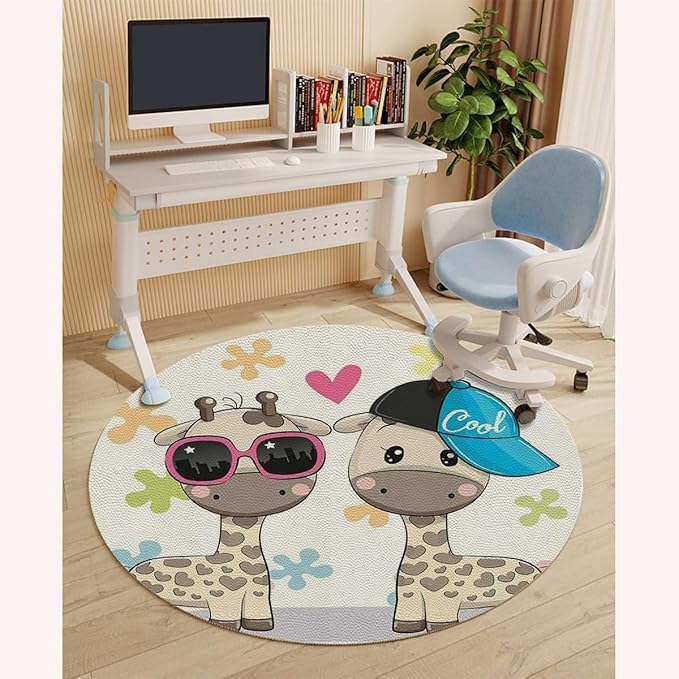 Multicolor Office Gaming Rolling Floor Mat Cartoon Romantic Couple Giraffes Multi-Purpose Computer Desk Chair Mat for Gaming Large Anti-Slip Floor Protector for Home Office Animal Diameter 39.4 in