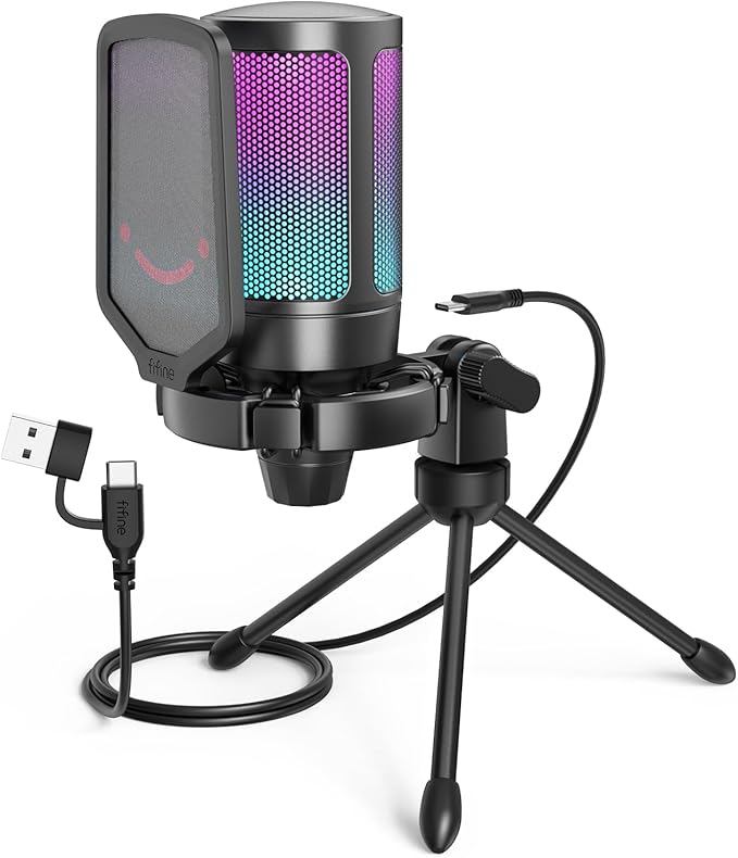 FIFINE Gaming USB Microphone for PC PS5 Condenser Mic with Quick Mute RGB Indicator Tripod Stand Pop Filter Shock Mount Gain Control for Streaming Discord Twitch Podcasts Videos- AmpliGame