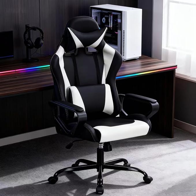Gaming Chair Ergonomic Office Chair Desk Chair with Lumbar Support 360 Swivel &amp Rolling Computer Chair for Adults PU Leather Racing Style Supports 250lbs(White)