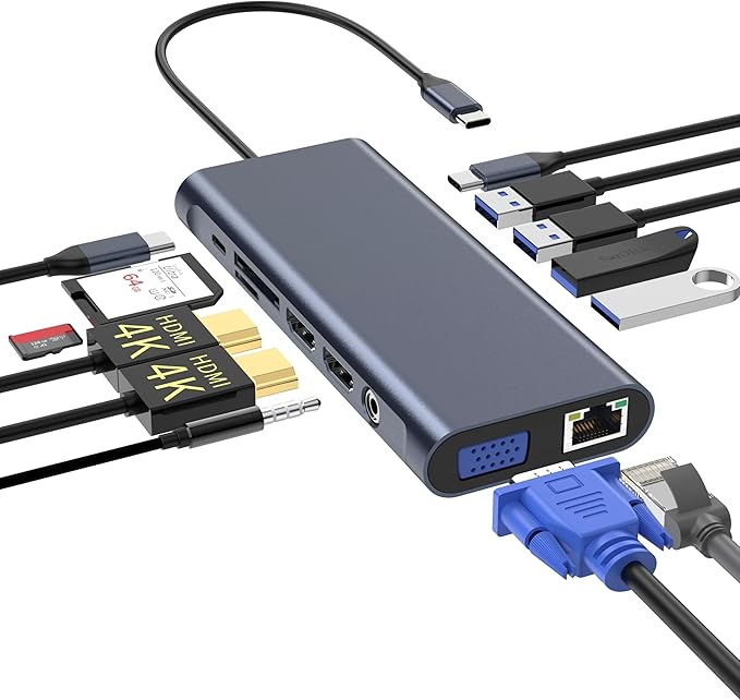 USB C Docking Station Hub (13 -in-1) with 2 X 4K HDMI Ethernet VGAAudio USB3.0 TF/SD Dongle Docking Station Compatible for MacBook iPad Pro Dell Hp Lenovo