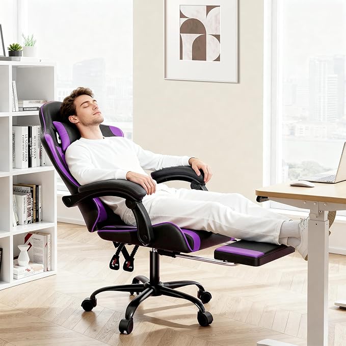 MoNiBloom Gaming Chair Office Chair Leather High Back Computer Chair with Headrest and Lumbar Support 360° Swivel Ergonomic Footrest Adjustable Gamer Chair for Adult Teen Home Office Using Purple