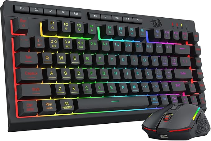 Redragon Wireless Gaming Keyboard and Mouse Combo Bluetooth/2.4G/USB-C Wired RGB Backlit 75% Portable Quiet Rechargeable Macro Membrane Keyboard &amp 12800 DPI Mouse with Software for Win/MAC