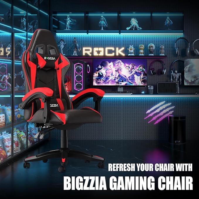 Bigzzia Gaming Chair Ergonomic Video Game Chairs with Pillow and Lumbar Support Racing Style Height Adjustable Computer Chair with 360°-Swivel Seat for Adults and Teens