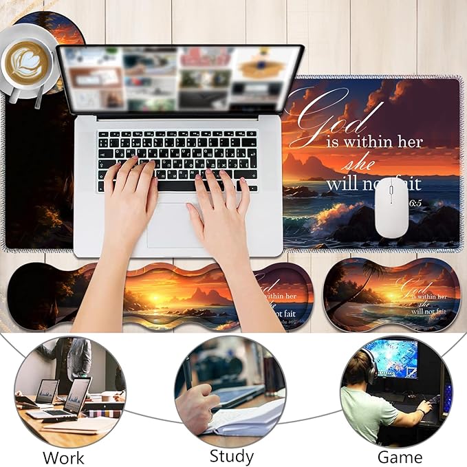 4 in 1 Mouse Pad Combo Large Gaming Mouse Pad + Keyboard Wrist Support + Mouse Wrist Rest + Coaster Table Pad with Stitched Edge Ergonomic Wrist Pad Set Twilight Beach Bible 46:5