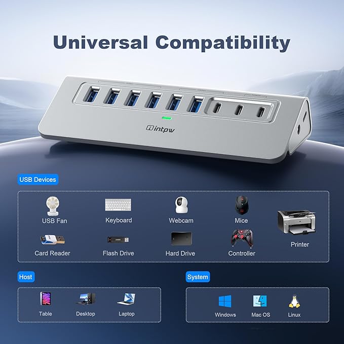 Powered USB Hub intpw 9-Port USB 3.2 Hub 10Gbps USB C Hub with USB A/USB C 3.2 4 USB 3.0 2 PD 45W Charging Port 65W Power Adapter and 3.3FT Cable Aluminum USB Hub for Laptop iPhone 17/16/15/PC