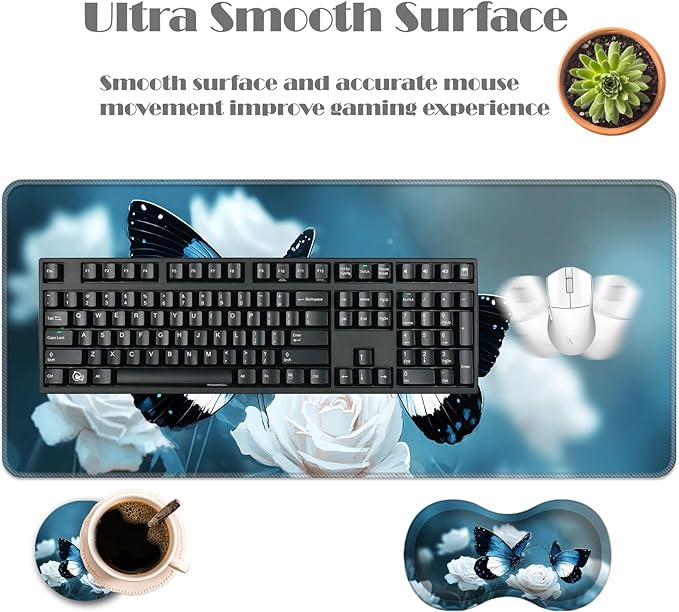 Ergonomic Keyboard Wrist Rest &amp Mouse Pad Wrist Rest SetXL Gaming Desk Mat 31.5x 11.8Non-Slip BaseMemory FoamEasy Typing Pain Relief for Office &amp HomeBlue Butterflies White Rose