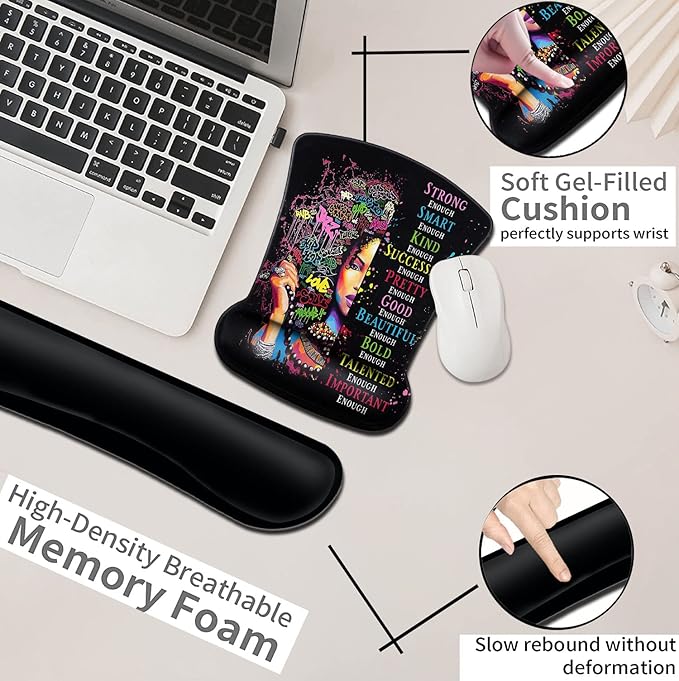 Ergonomic Mouse Pad with Wrist Support Gel MousePads Comfortable Wireless Mouse pad Pain Relief Mousepad with Non-Slip Rubber Base African American Woman Black Women