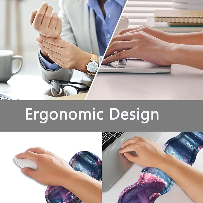 Large Gaming Mouse Pad + Keyboard Wrist Rest + Wrist Support + Coaster Set Memory Foam Ergonomic for Easy Typing XXL Extended Gaming Mouse Pad Table Pad - Mushroom Forest