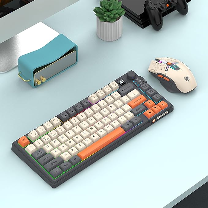 75 ％ Wireless Gaming Keyboard and Mouse Combo Tri-Mode BT5.0/2.4GHz/USB-C RGB Backlit Keyboard + 3D 1600DPI Mice 2000mAh Battery 80 Keys Knob Volume Control (Black)