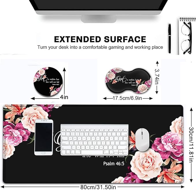 Desk Pad Extended Large Mouse Pad with Stitched Edges (31.5X11.8In) Ergonomic Mouse Wrist Rest Support Waterproof Computer Keyboard Mouse Mat Peony Flower Psalm 46:5 XXL Black Gaming Mouse Pad