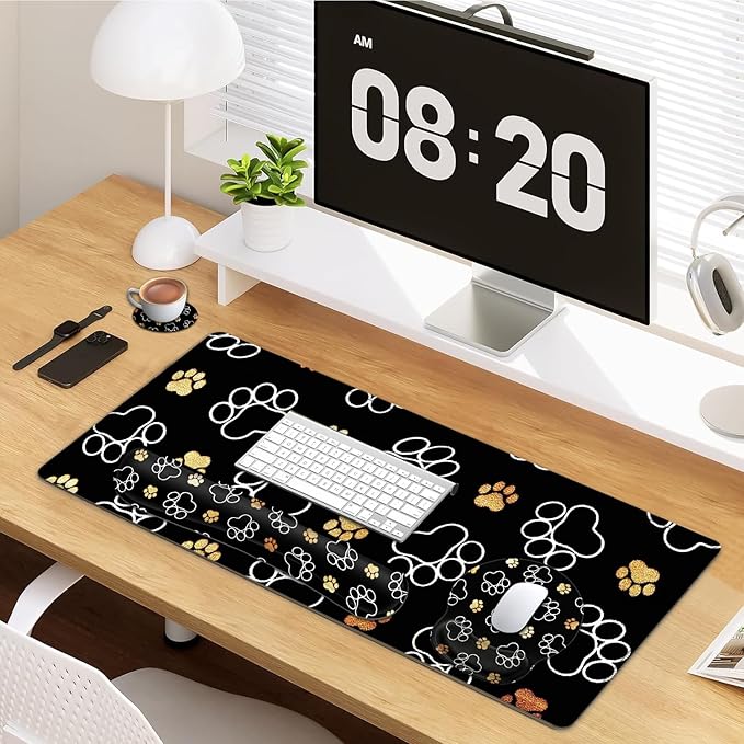 Large Mouse Pad Ergonomic Mouse Pad with Wrist Rest and Keyboard Wrist Rest 4 in 1 Set 31.5 x11.8 inch Extended Desk Pad for Home Office Gold White Cute Dog Paws Prints Black XXL Gaming Mouse Mat