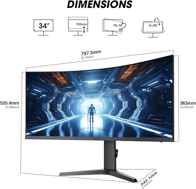 KOORUI 34-inch Curved Ultrawide WQHD 3440×1440 Gaming Monitor 180Hz 1000R- PIP/PBP 1ms(MPRT) HDR400 DCI-P3 95% FreeSync Premium 1 x DP 1.4 &amp 2 x HDMI 2.0 Tilt Height Swivel Adjustment 34E6