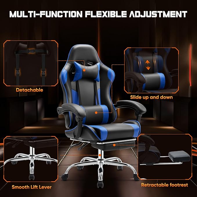 Yapamar Video Game Desk Chair - Ergonomic Computer with Footrest and Comfy Lumbar Support PU Leather Recliner with Headrest
