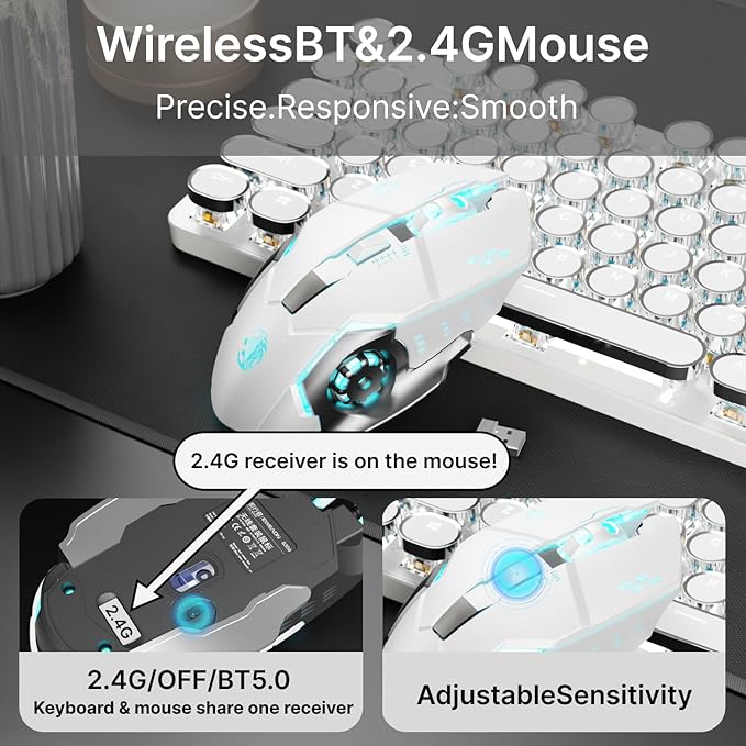 TK950 Wireless Typewriter Keyboard and Mouse Combo104 Keys Retro Typewriter Mechanical Keyboard with White Backlit Anti-Ghosting Blue Switch Bluetooth/2.4G/Wired Cute Gaming Keyboards-White