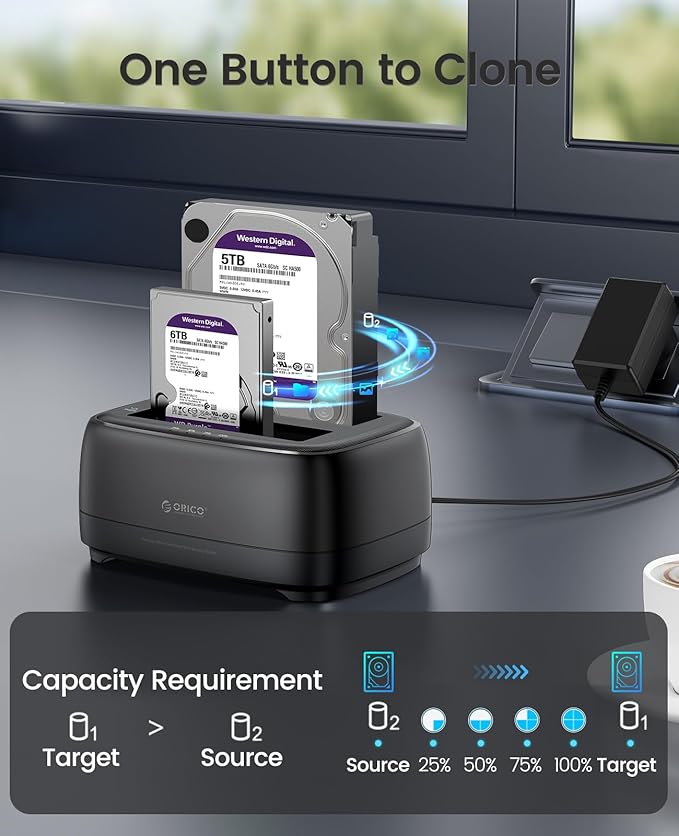 ORICO Hard Drive Docking Station Dual Bay USB 3.0 to SATA with Duplicator/Offline Clone Function External Hard Drive Dock for 2.5''/3.5'' HDD SSD Max Up to 44TB Support UASP Plug&ampPlay-DD-C