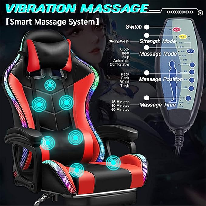 XOOFMASS Gaming Chair with Bluetooth Speakers Video Game Chairs with LED Lights Ergonomic Gaming Chair with Full Massage Lumbar Support 360°Swivel Massage Office Computer Chair for AdultsWhite