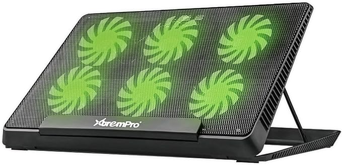 Portable Metal Mesh Laptop Cooler Cooling Pad 6 Quiet Fans w/Green LED Light 5 Adjustable Heights Up to 17 in Notebook 2 USB Interface w/Speed Control Switch Non-Slip - Black (11147)