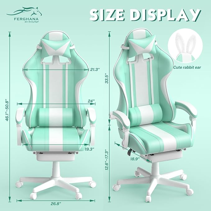 Ferghana Kawaii Light Green Gaming Chair with Bunny Ears Ergonomic Cute Gamer Chair with Footrest and Massage Racing Reclining Leather Computer Game Chair 250lbs for Girls Adults Teens Kids