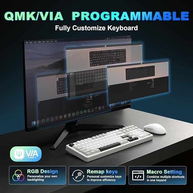 YUNZII AL98 QMK/VIA Wireless Mechanical Gaming KeyboardFull AluminumBT/2.4G/USB-C Pre-Lubed Hot Swappable Gasket Mount 1800 LayoutRGB Backlit for Win/Mac (White Cocoa Cream V2 Switch)