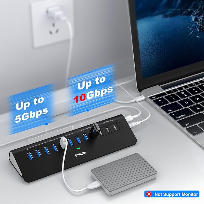Powered USB Hub 10Gbps intpw YH9AC 12-Port USB C Hub with 10Gbps USB C 3.2 2 USB A 3.2 7 USB 3.0 2 PD 45W Charging Port 65W Power Adapter + 3.3FT Cable Aluminum USB Hub for Laptop/iPhone16/15/PC