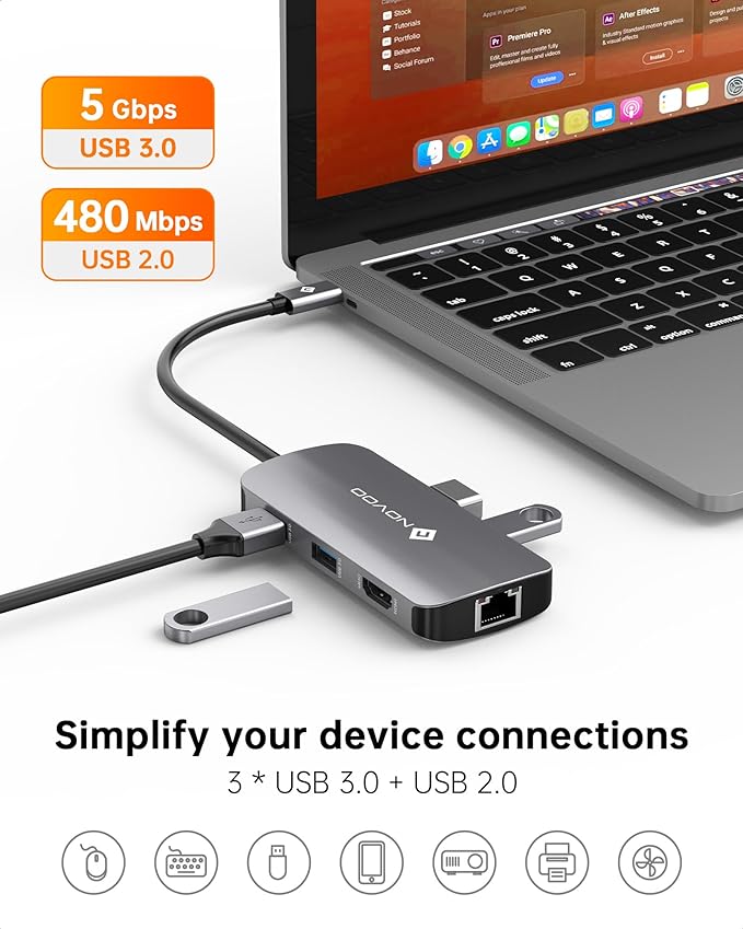 NOVOO USB C Hub Ethernet 4K@60 USB C HDMI Adapter Multiport Type C Adapter 4 USB 3.0 &amp USB2.0 Dongle 100W PD Dock Docking Station for MacBook Pro Air Apple iPad Pro Steam Deck Dell HP Lenovo 7-in-