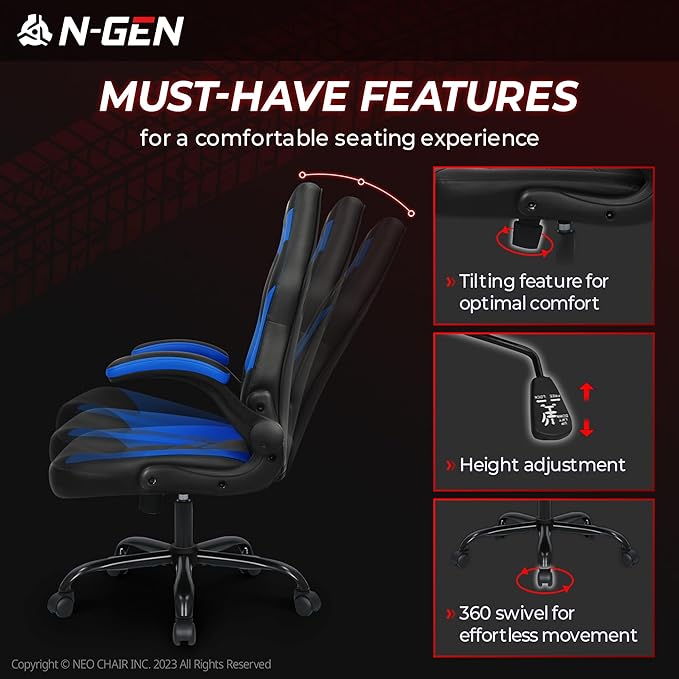 N-GEN Video Gaming Chair Ergonomic Computer Desk Office Chair with Lumbar Support Adjustable Height Swivel Wheels Flip-Up Arms PU Leather Home and Office (Blue)