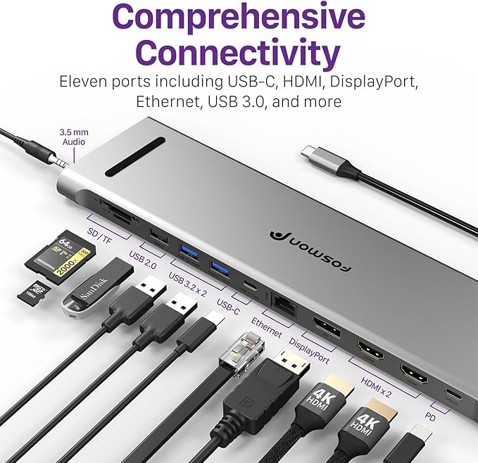 Fosmon 11-in-1 USB-C Hub Multiport Adapter with 4K Dual HDMI DisplayPort USB-C USB 3.0 USB 2.0 TF RJ45 Ethernet for Laptops Tablets