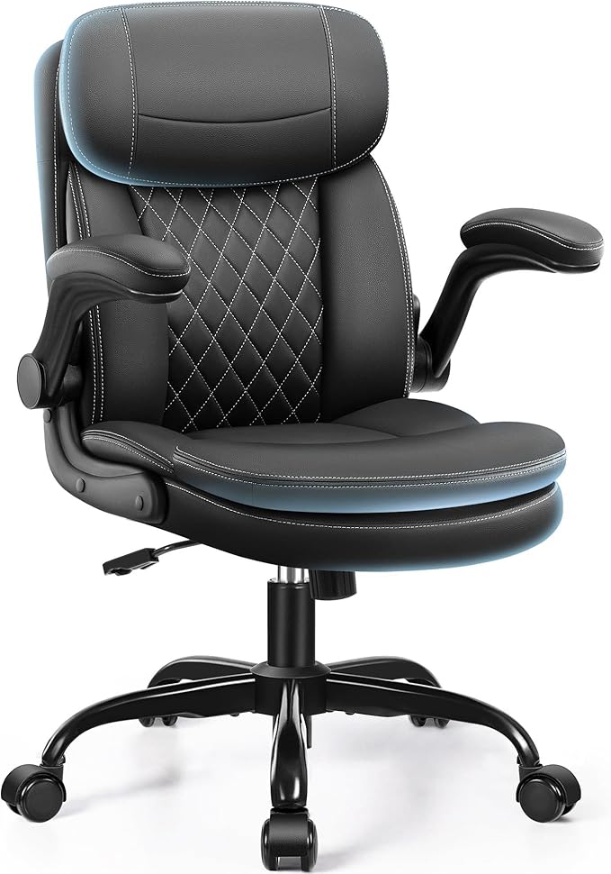 Leather Office Chair Upgraded PU Computer Desk Chairs with Double-Layer Seat Cushion and Neckrest 360°Swivel Ergonomic Small Gaming Chair with Wheels and Adjustable Armrests for Short People Black