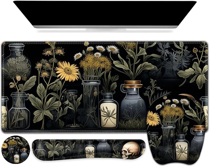 Large Mouse Pad with Wrist Support 4 in1 Set XXL Big Game Mousepad + Keyboard Wrist Rest+Mouse Wrist Rest+Coaster Gaming Mat for Home Office Computer I Black Academia Mystical Green Plant