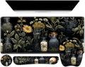 Large Mouse Pad with Wrist Support 4 in1 Set XXL Big Game Mousepad + Keyboard Wrist Rest+Mouse Wrist Rest+Coaster Gaming Mat for Home Office Computer I Black Academia Mystical Green Plant