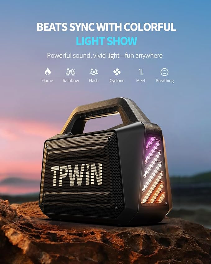 Bluetooth Speaker - 80W Loud Rugged Outdoor Speakers IPX6 Waterproof 20H Playtime Deep Bass Lightshow TWS BT 5.3 Wireless Portable for Travel Hiking Camping Beach Pool - Black