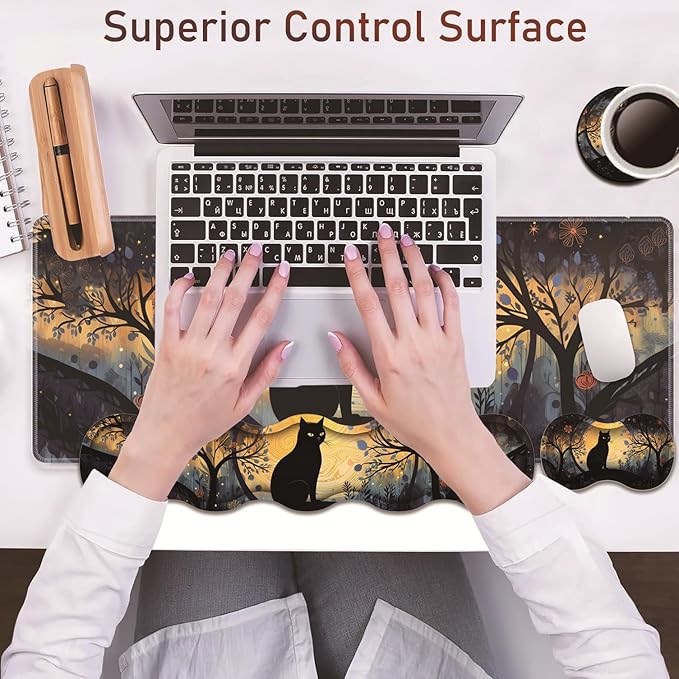 Large Gaming Table Pad 31.5 x 11.8 + Keyboard Wrist Pad + Mouse Wrist Pad + Coaster Non-Slip Base 4-in-1 Set Ergonomic Memory Foam Easy Typing Pain Relief Sky Cat