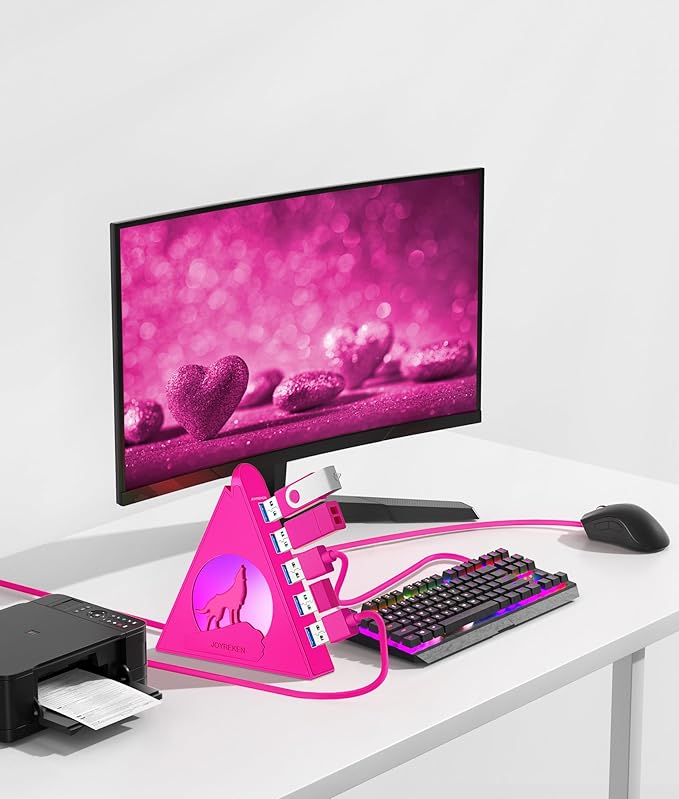 7-Port USB 3.0 Hub JoyReken RGB USB Hub with RGB Night Light and 2ft Cable USB Hub 3.0 Pink USB Expander for Laptop PC Flash Drive HDD Console Printer Keyboard Mouse (Hot Pink)