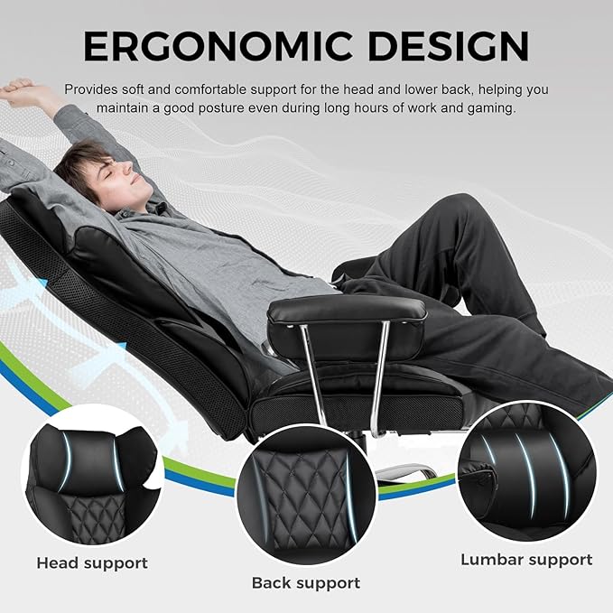 GTPLAYER Gaming Chair Computer Chair with Footrest and Lumbar Support Height Adjustable Game Chair with 360°-Swivel Seat and Headrest and for Office or Gaming (White)