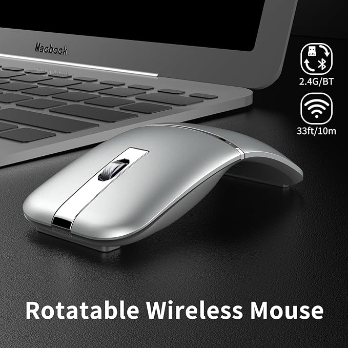 Bluetooth Arc Mouse Wireless Silent Travel Mouse Rechargeable with BT &amp 2.4G Dual Mode 1000/1600/2400 DPI Slim Rotatable Portable Mobile Mice USB Optical Computer Mice for PC Laptop Tablet -Sil
