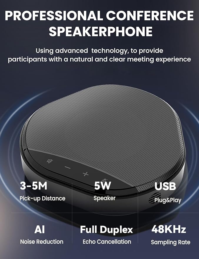Conference Speaker and Microphone 360° Enhanced Voice Pickup with 2 AI Mics Echo &amp Noise Reduction USB-C Plug &amp Play Speakerphone for Zoom Skype Teams Calls for Home Office and Meeting Roo