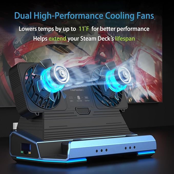USB C Docking Station Compatible with Switch 2/ Steam Deck OLED/ROG Ally X/Legion Go M.2 NVMe SSD Enclosure Hub with 4K@60Hz HDMI 100W PD Dual Cooling Fans Gigabit Ethernet USB 3.0/SD/TF