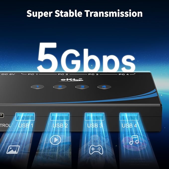eKL USB 3.0 Switch 4 Computers Sharing Mouse Keyboard Printer Scanner 4 Port USB Switcher with RS232 Serial Switching Remote Controller 3.5mm Mic &amp Headset Audio Jack 4 USB 3.0 Cables Included