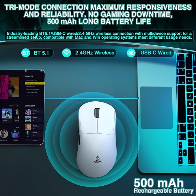 SOLAKAKA SM850 - Wireless Gaming Mouse - Programmable Buttons24000 DPI Adjustable Lightweight Ergonomic Computer Wireless Mouse BT5.1/2.4G/Wired PC Gaming &amp Office Mice for Win/Mac/Linux