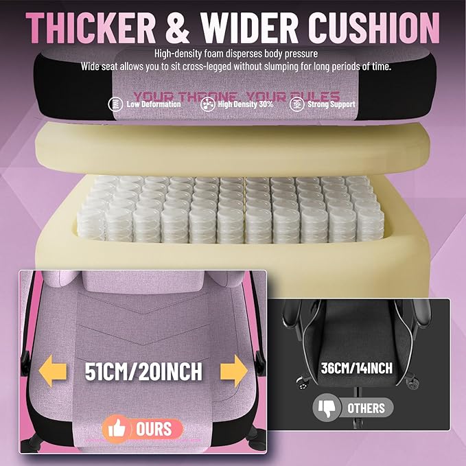 Ferghana Cotton Fabric Gaming Chair with Wider Seat Cushion Shield-Shaped Embroidery Ergonomic High Back Game Chair with Footrest Computer Chair with Massage Lumbar Support for Adult Pink