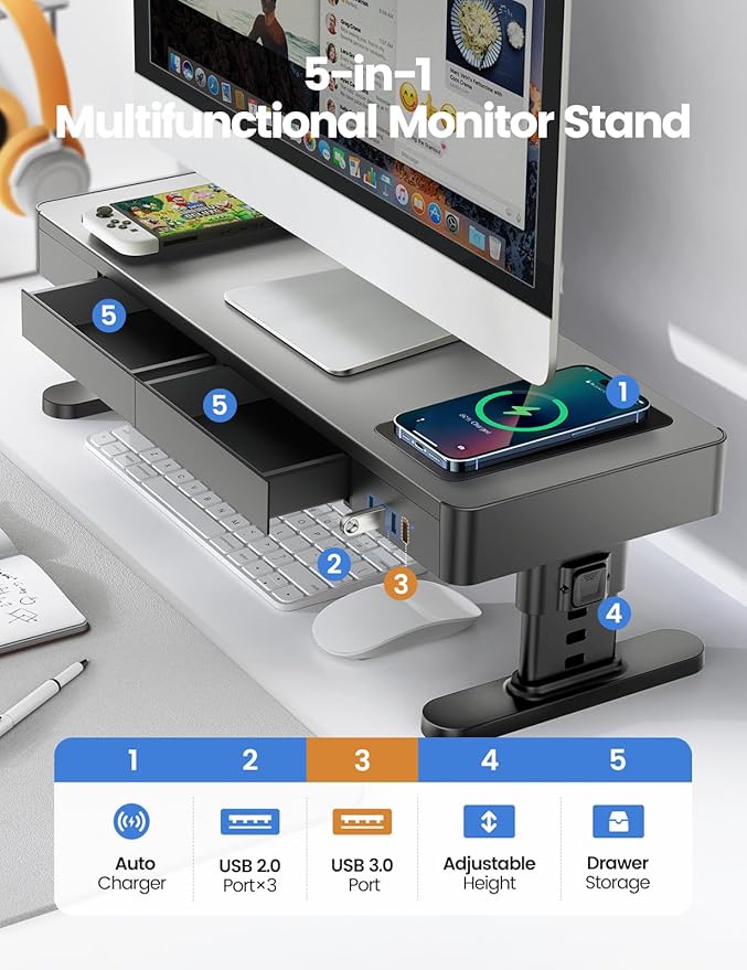 meatanty Monitor Stand Heights Adjustable Computer Riser with Auto Phone Charger 4 USB Ports Hub and Drawer Storage Metal Desktop Organizer Lifter Shelf for PC Screen Studio Display Office Gaming