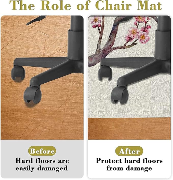 Pink PU Leather Office Chair Mat Hardwood Floor Computer Desk Mat Exotic Cherry Blossom Tree Season Florets Anti-Slip Gaming Chair Mat Round Floor Mat Durable Floor Protector Floral Diameter 39.4 in