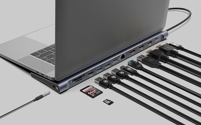Manhattan USB C Docking Station 2 HDMI 3 Monitor Station 12 in 1 Triple Display Laptop Docking Station with 5Gbps USB-A/C 3.1 USB 2.0 100W PD Ethernet Audio SD/TF Card Slot- 190305