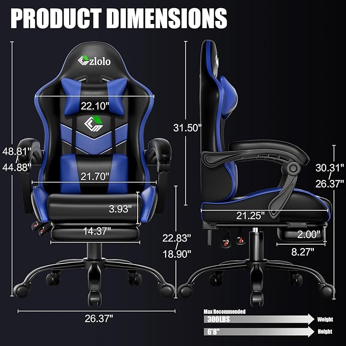 Gaming Chair with Footrest Racing Style Lumbar Support Massager Video Game Chair with Metal Legs High Back Gamer Chair with Headrest 360° Swivel Office Computer Desk Chair Bright Blue