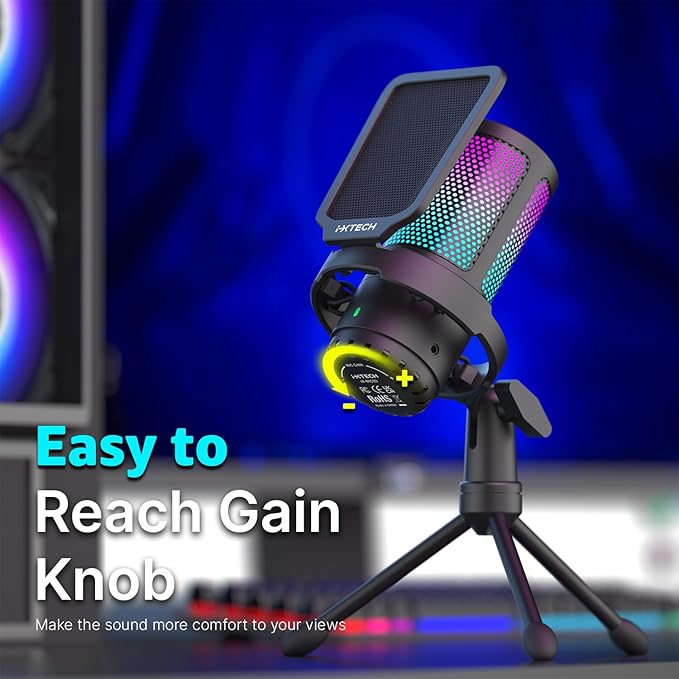 IXTECH USB Gaming Microphone for PC RGB Condenser Microphone with Tripod Stand Pop Filter Rotate Gain Button and Quick Mute Noise Cancellation Computer Mic for Streaming Gaming Podcasting